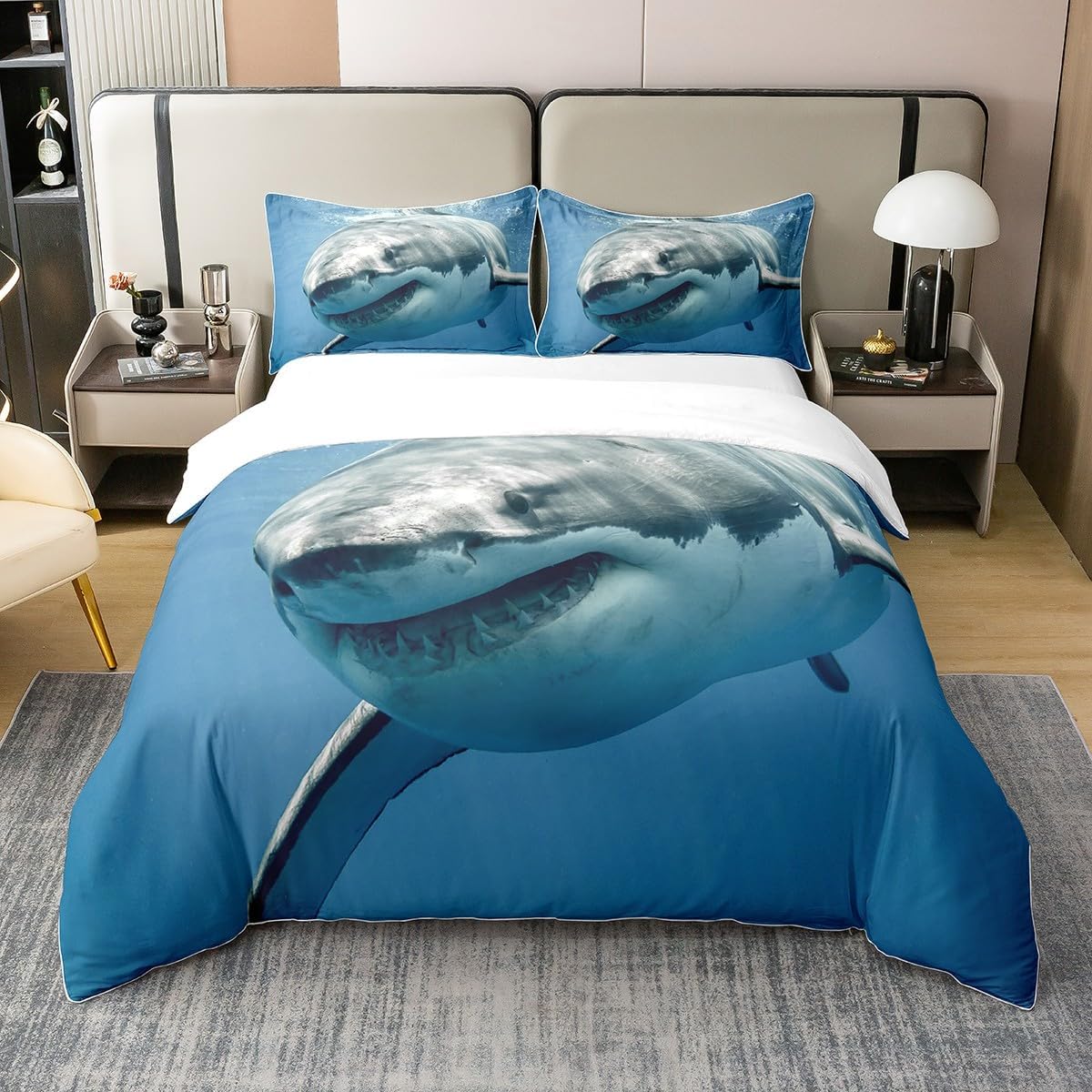 

Shark Duvet Cover Set Single Size Kids Boys Ocean Animal Print Bedding All Season Comforter Cover Soft Comfortable 90x200cm-2pcs