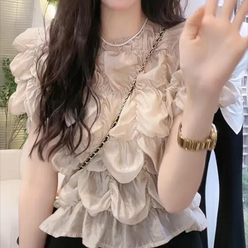 Puff Sleeve Folds Summer 2024 Women's New Patchwork O-Neck Fashion Elegant Solid Color Gauze Casual Short Sleeved Blouses Shirts