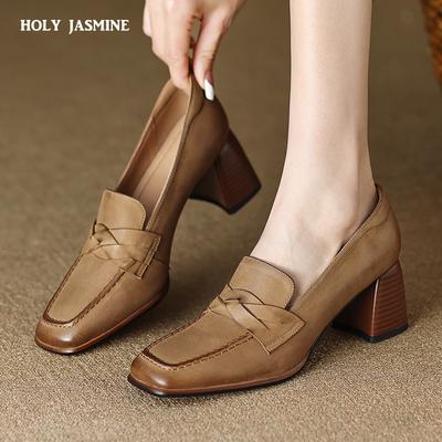2024 Spring/Autumn Women Loafers Square Toe Chunky Heel Women Shoes NEW Genuine Leather Shoes Women Casual Retro Pumps for Women