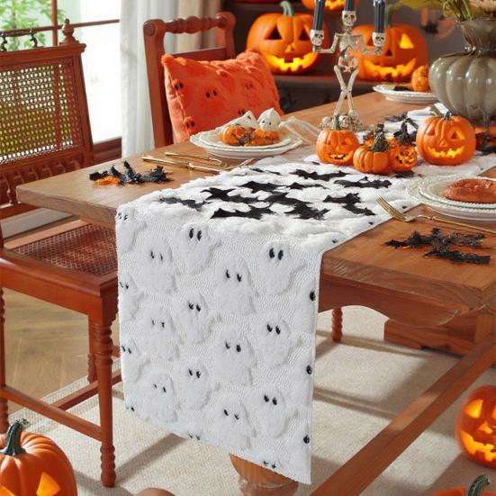 Ghost Pattern Table Runner Plush Faux Fur Jacquard Table Flag Halloween Decoration Halloween Party Supplies