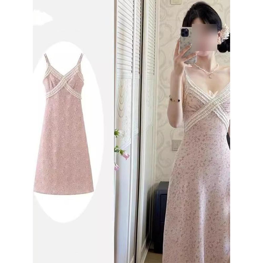 

French Holiday Pink Floral Spaghetti Strap Dress - Women s Elegant Summer Princess Style Slimming Long Skirt S (up to 45 kg)