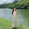 French Lazy Smudge Printing Long Beaded Suspender Dress Summer New Retro Loose Holiday Dress