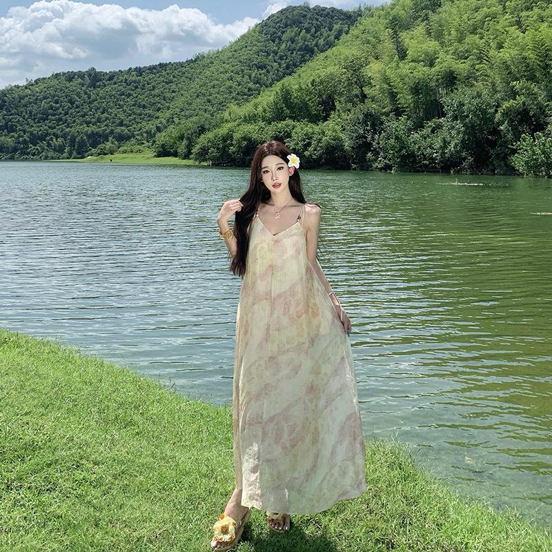 French Lazy Smudge Printing Long Beaded Suspender Dress Summer New Retro Loose Holiday Dress