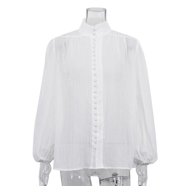 

women s Solid Color Mandarin Collar Puff Sleeve Blouse Single Breasted Button Down Loose Casual Shirt Top S белый
