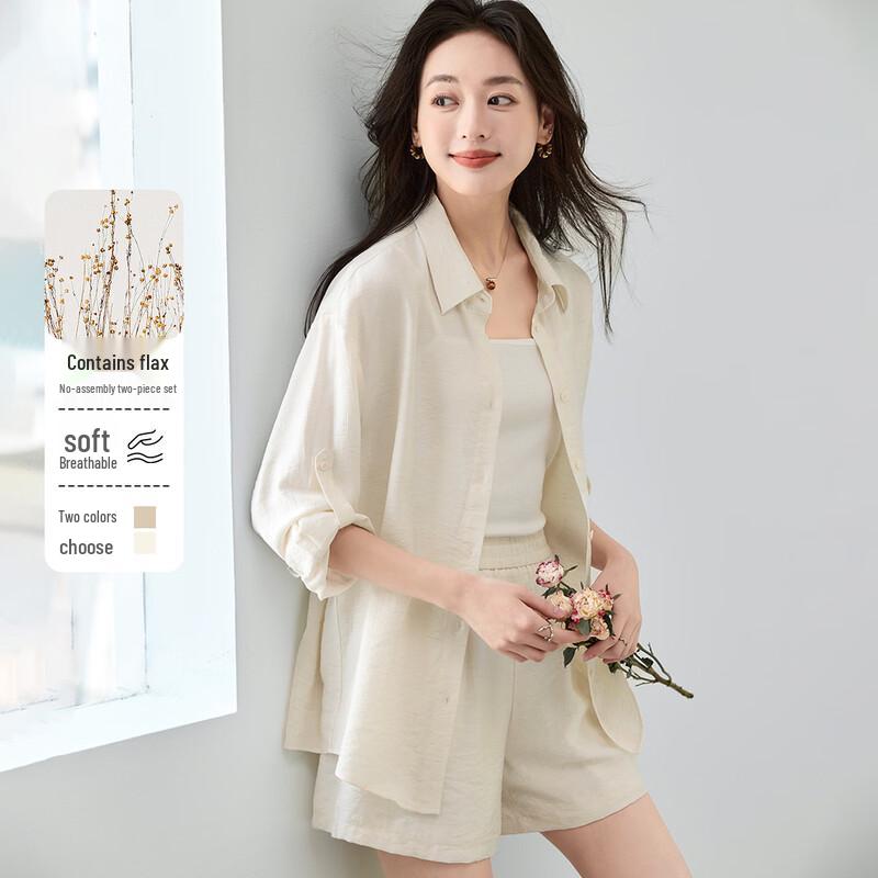 

Women s Linen Blend Long-Sleeve Shirt & Shorts Set XL