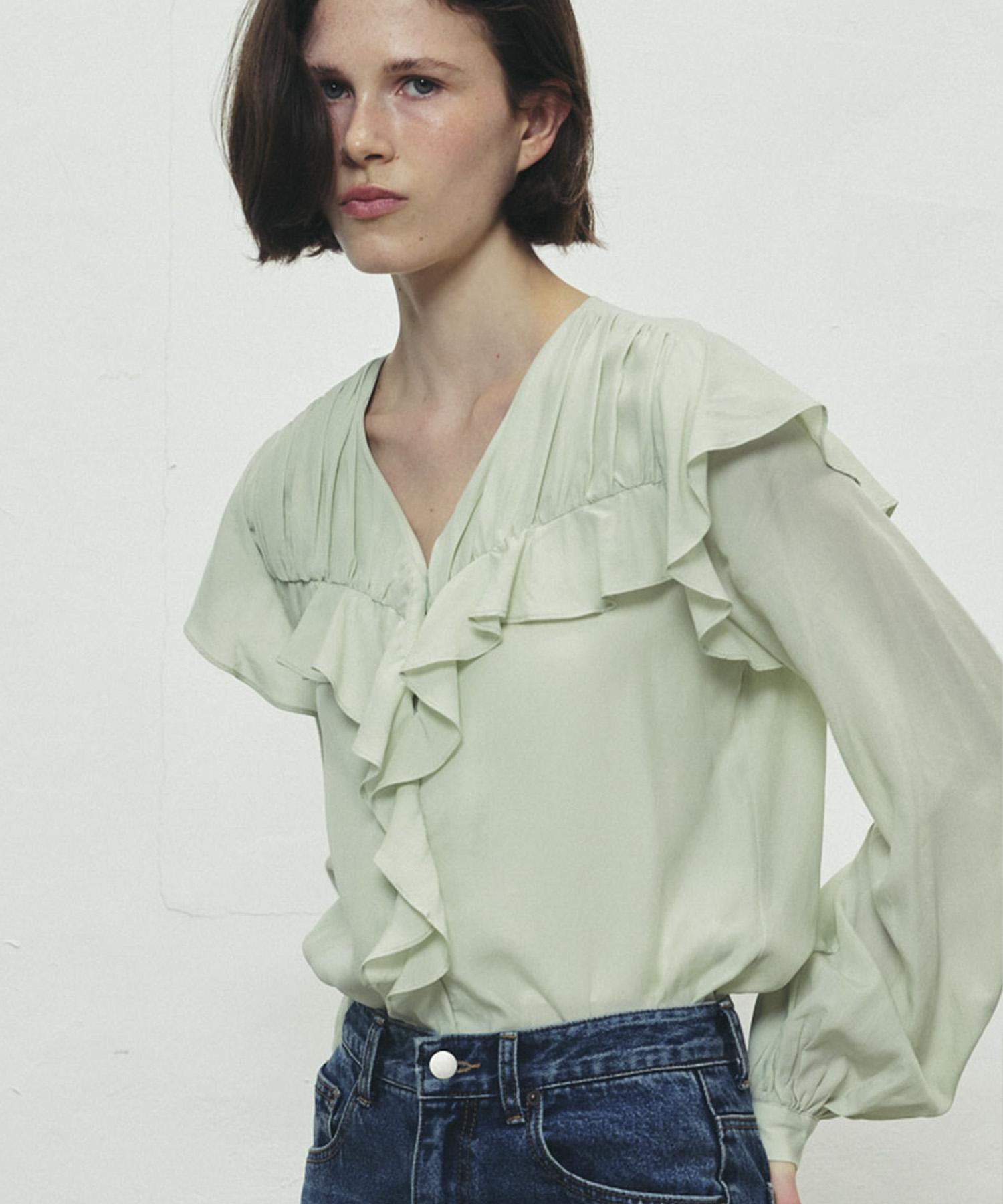 Soire Ruffle Shirring Blouse - Green Green/F
