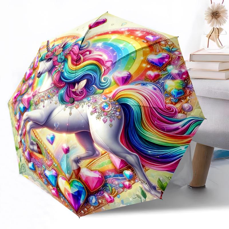 1pc Rainbow Unicorn Fantasy Automatic Umbrella with Folding Compact Durable 8 Rib Design Foldable Carry Umbrella Stylish Accessory Perfect Birthday Y6