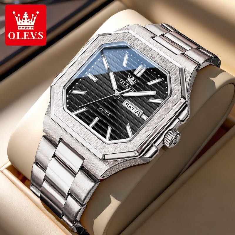 OLEVS Watch Luxury Man Original Square Quartz Watch Stainless Steel Waterproof Luminous Week Date Watches For Man