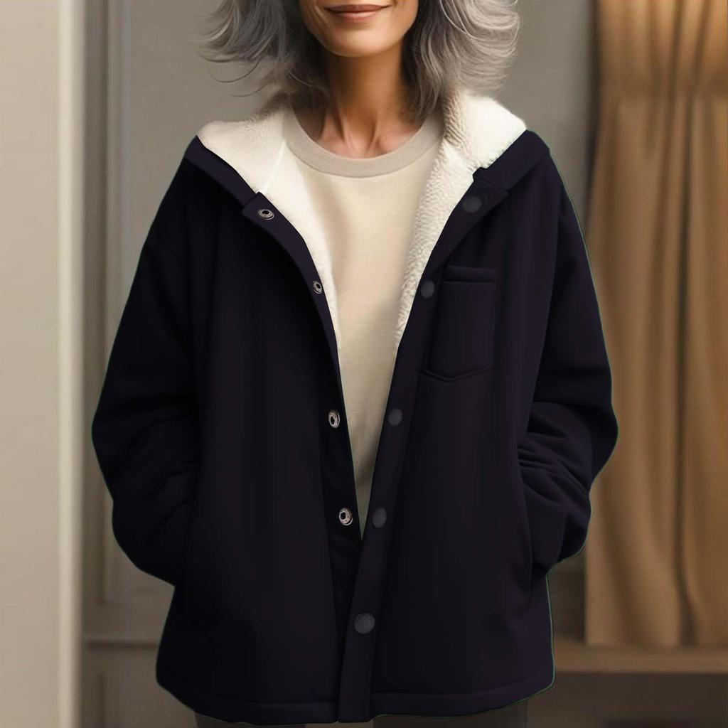 Women's Fashionable Solid Color Hooded Long Sleeved Button Pocket Warm Jacket Jacket