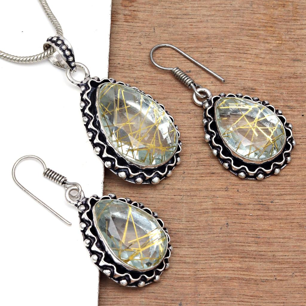 Rutile  Golden Set Earring Jewelry 18-20'' Pendant Quartz Sterling