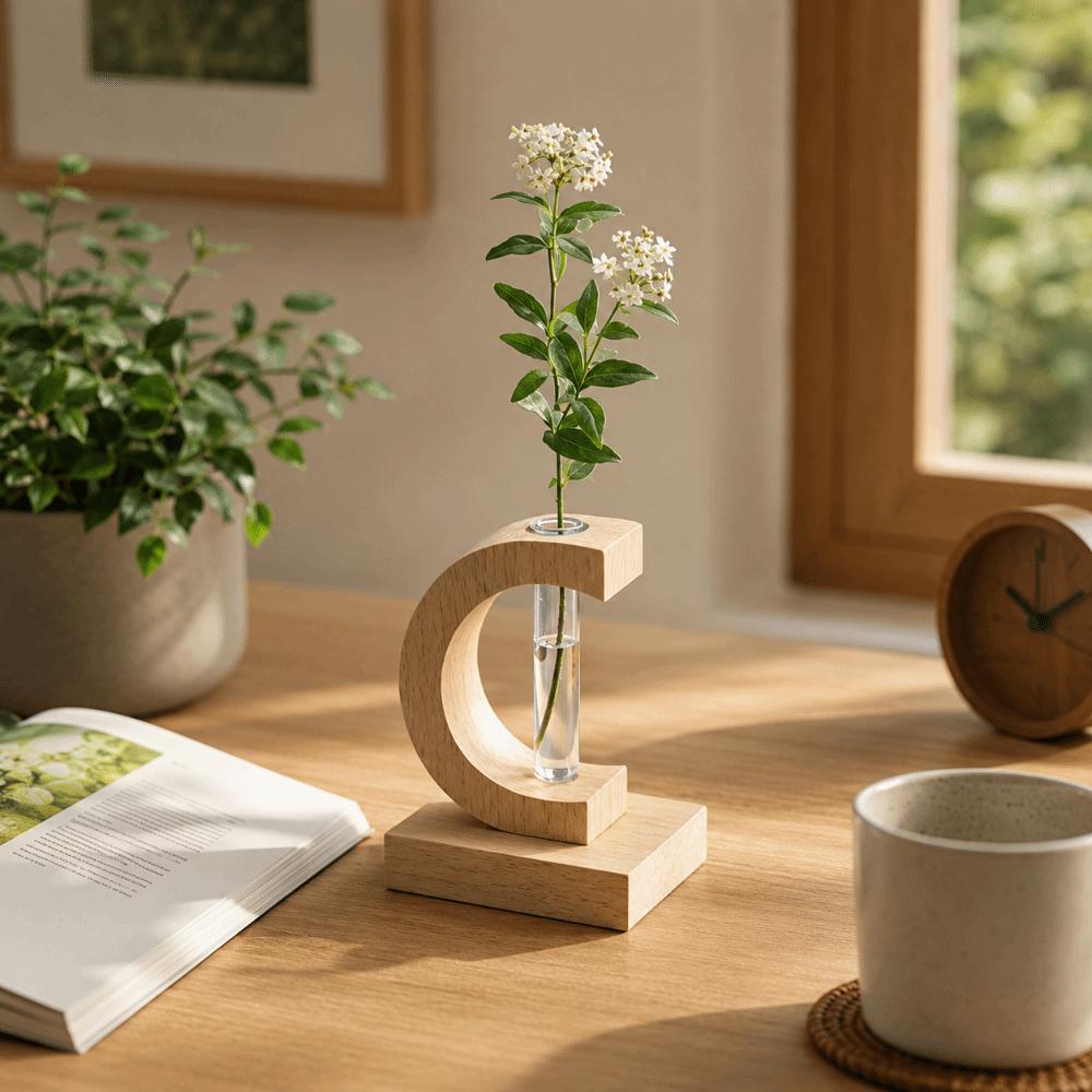 Home Decoration Hydroponic Flower Pot Wooden Small Glass Vase Decorative Vase Desktop Decor