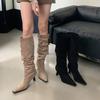 2025 new pointed thin heel pleated western cowboy boots autumn and winter new stacking boots high heel but knee boots
