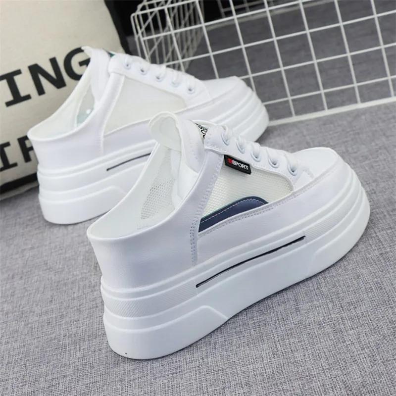 Fashion Mesh Breathable Slippers Women's 2024 Summer Outer Wear Thick Bottom Inner Heightened 8cm Slip-on Loafers Without Heel Sneakers