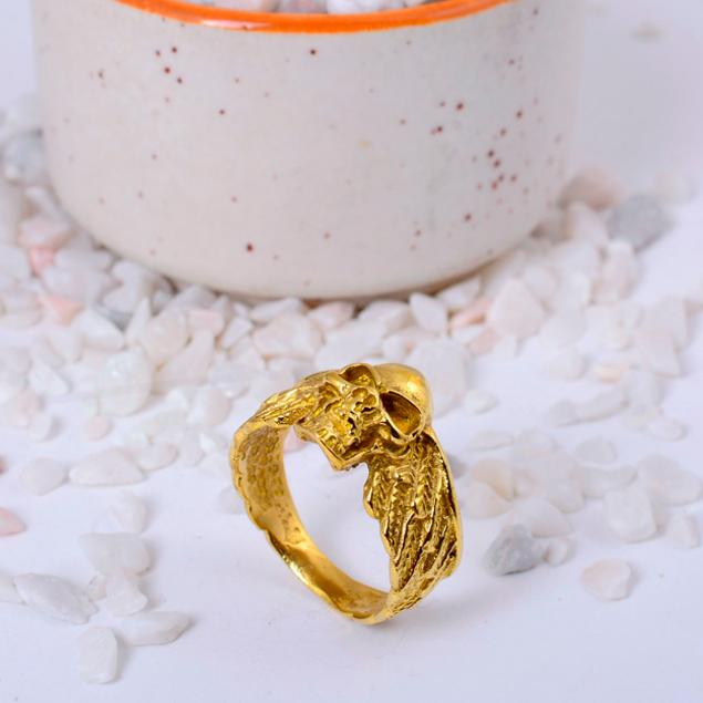 Winged Skull Gold Plated Statement Ring | Biker Gothic Brass Jewelry for Men & Women | Punk Rock Gift