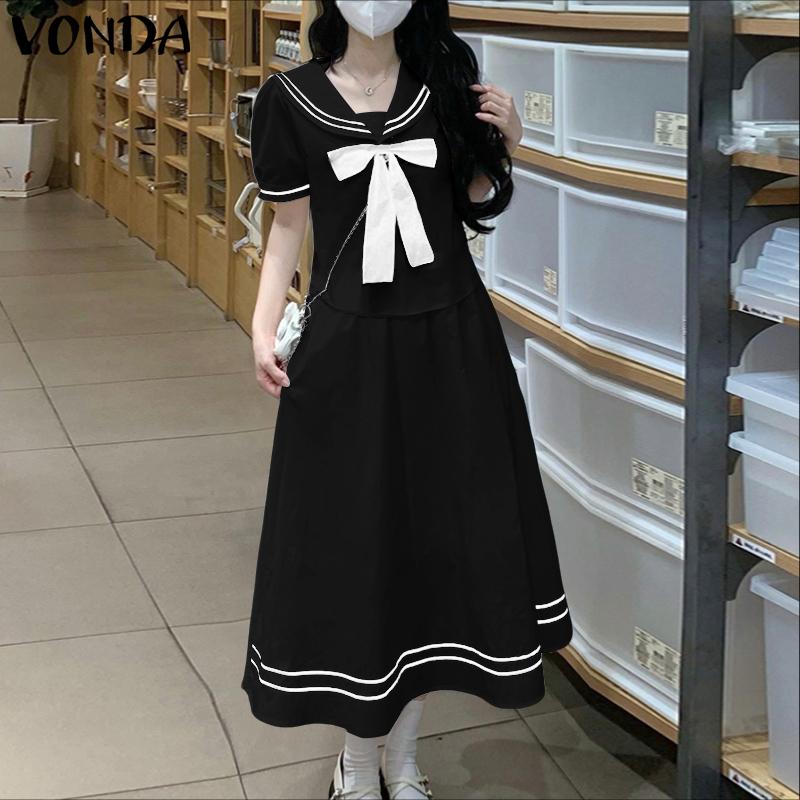 VONDA Two Pieces Women Girls College Style Sets Naval Collar Short Sleeve Blouse and Long Skirts Outfits 