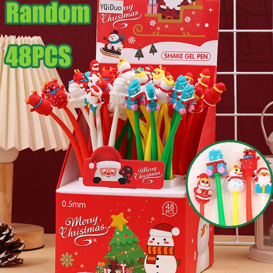 48Pcs Christmas Santa Snowman Tree Shape Rocking Pen,Black 0.5mm Gel Ink Christmas Holiday Cute Pen for Office Party Gift,Portable Plastic pen