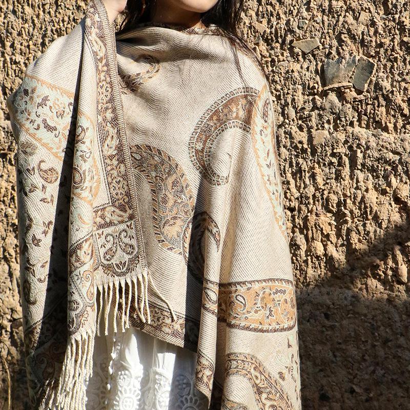 Ethnic Style Cashew Pattern Shawl Cloak Scarf: Imitation Cashmere, Thick, Dual-Purpose Women's Accessory for Autumn/Winter
