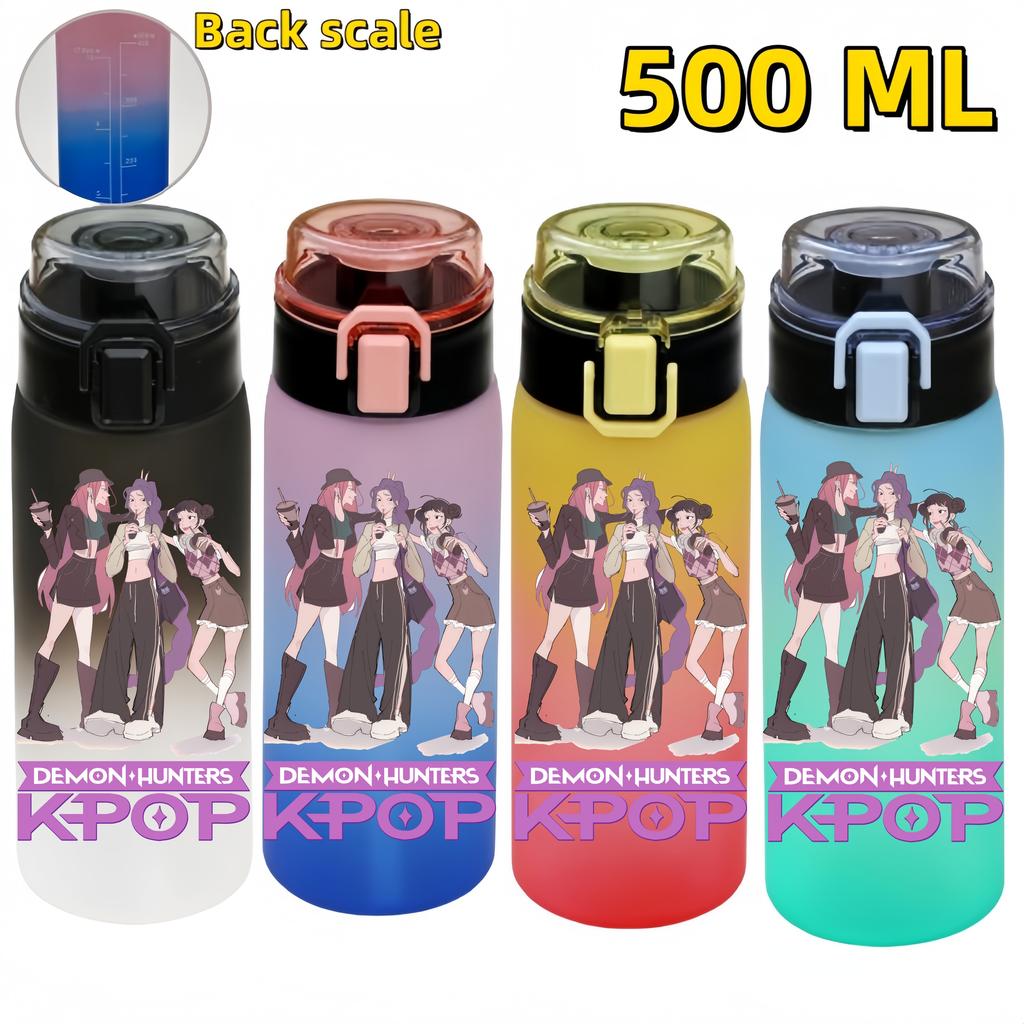 KPop Demon Hunters Sports Water Bottle Portable Leak Proof Plastic Cup Level Line Outdoor Fitness 500ML with for Kid Friendly Entertaining Fun Play