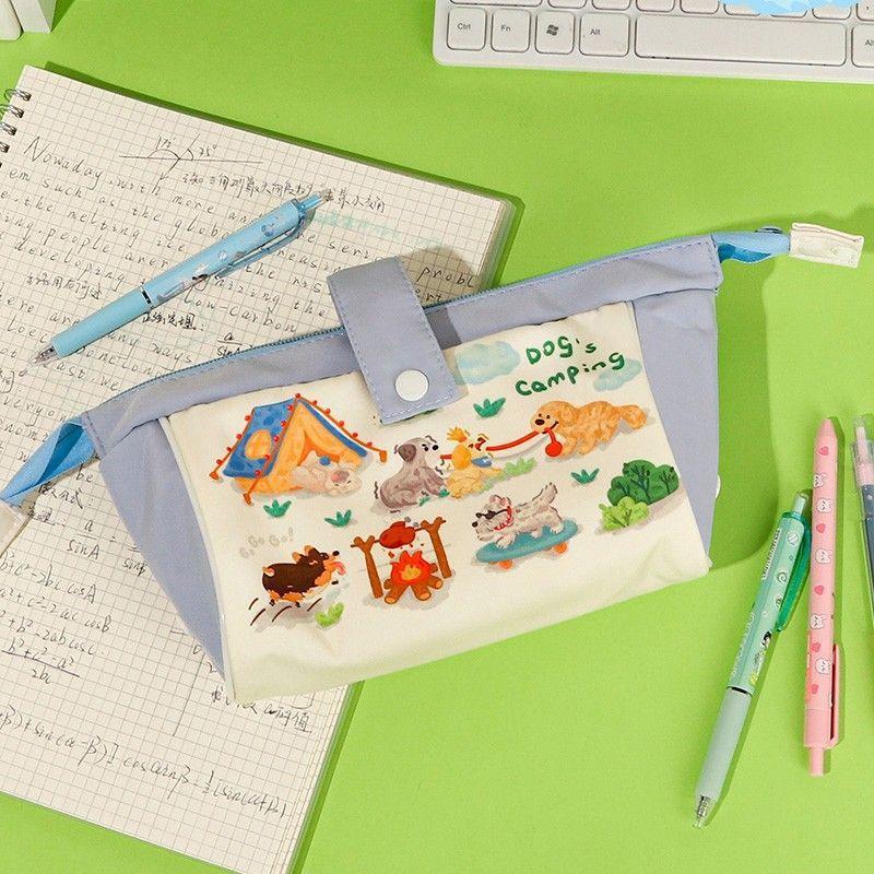 

Cute Camping Puppy Pen Bag Cartoon Zipper Animal Pencil Bag Simple Makeup Bag Large Capacity Stationery Storage Bag