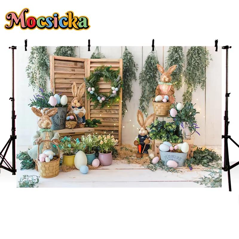 Mocsicka Easter Background Spring Flowers Meadow Eggs Rabbit Decoration Home Party Kid Photo Studio Photography Props