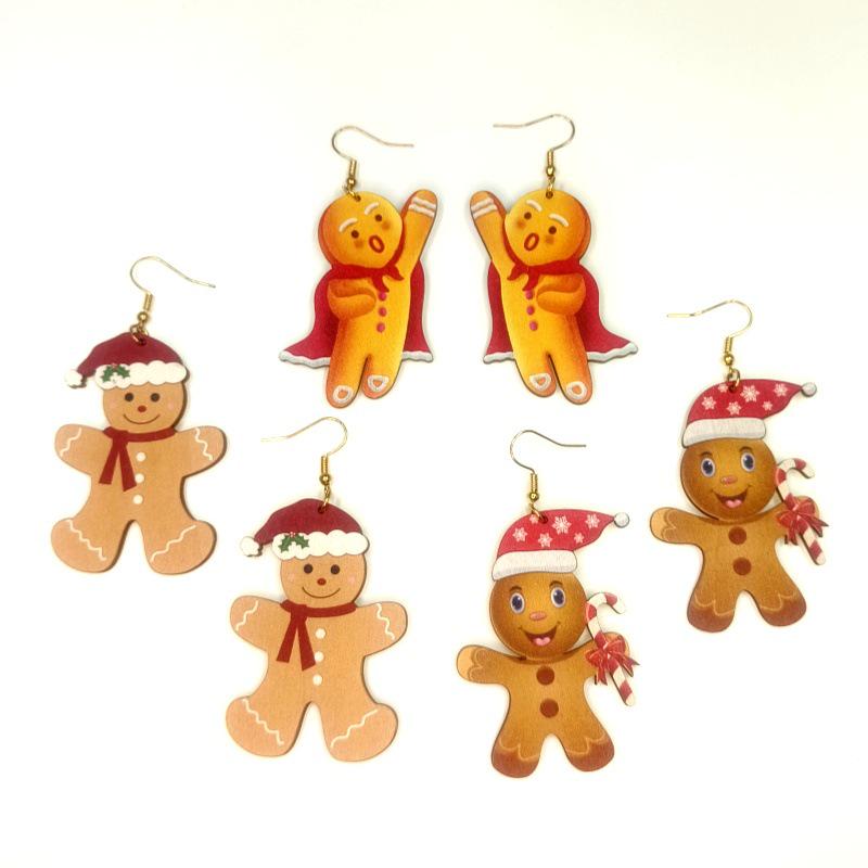 Europäische & Amerikanische Weihnachts-Lebkuchenmann-Cartoon-Ohrringe mit Holzschnitt-Farbdruck