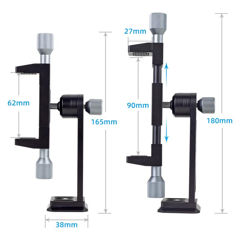Photography Tripod Stand with Phone Clip, Cold Shoe Mount, and Rotating Metal Design for Horizontal/Vertical Shooting.