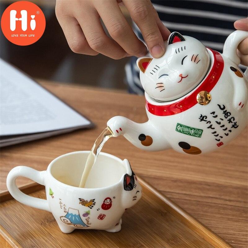 Hi Cute Japanese Lucky Cat porcelánová čajová sada Kreativní Maneki Neko keramická konvice na čaj se sítkem Kancelářský hrnek na čajovou konvici na vodu