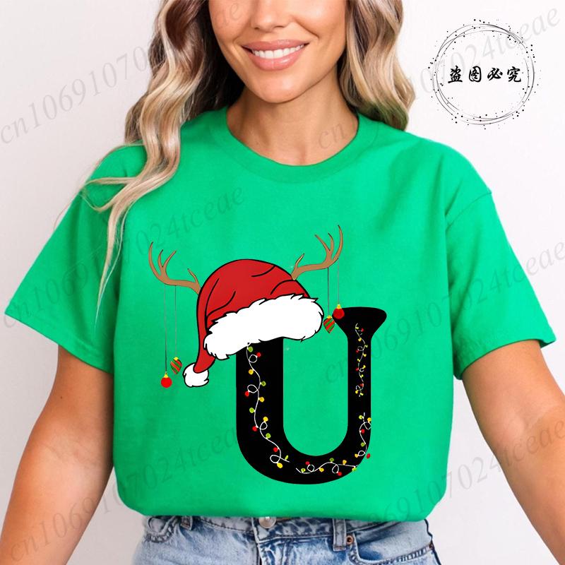 Fashion Merry Christmas Gift for Female Clothing Christmas 26 Alphabet Print TShirt for Women Casual Xmas Tees Short Sleeve Top
