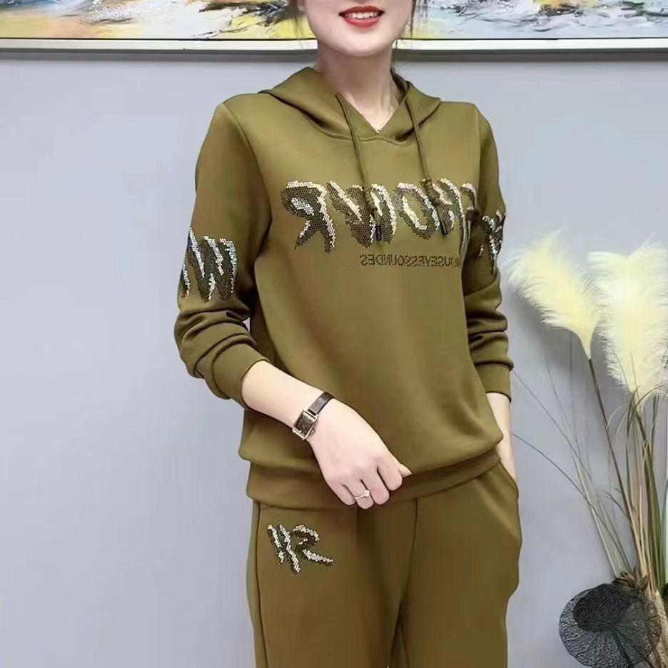 Women's Loose Fit Hooded Tracksuit Long Sleeve Rhinestone Letter Sweatshirt Jogger Pants Two Piece Casual Running Outfit Set