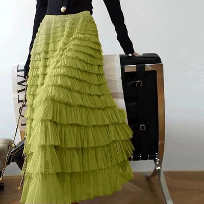 Podzimní korejský styl Mesh Puffy Cake Dlouhá sukně Elegantní Vintage Elastický pas S vysokým pasem Plesové šaty Gázová tylová sukně