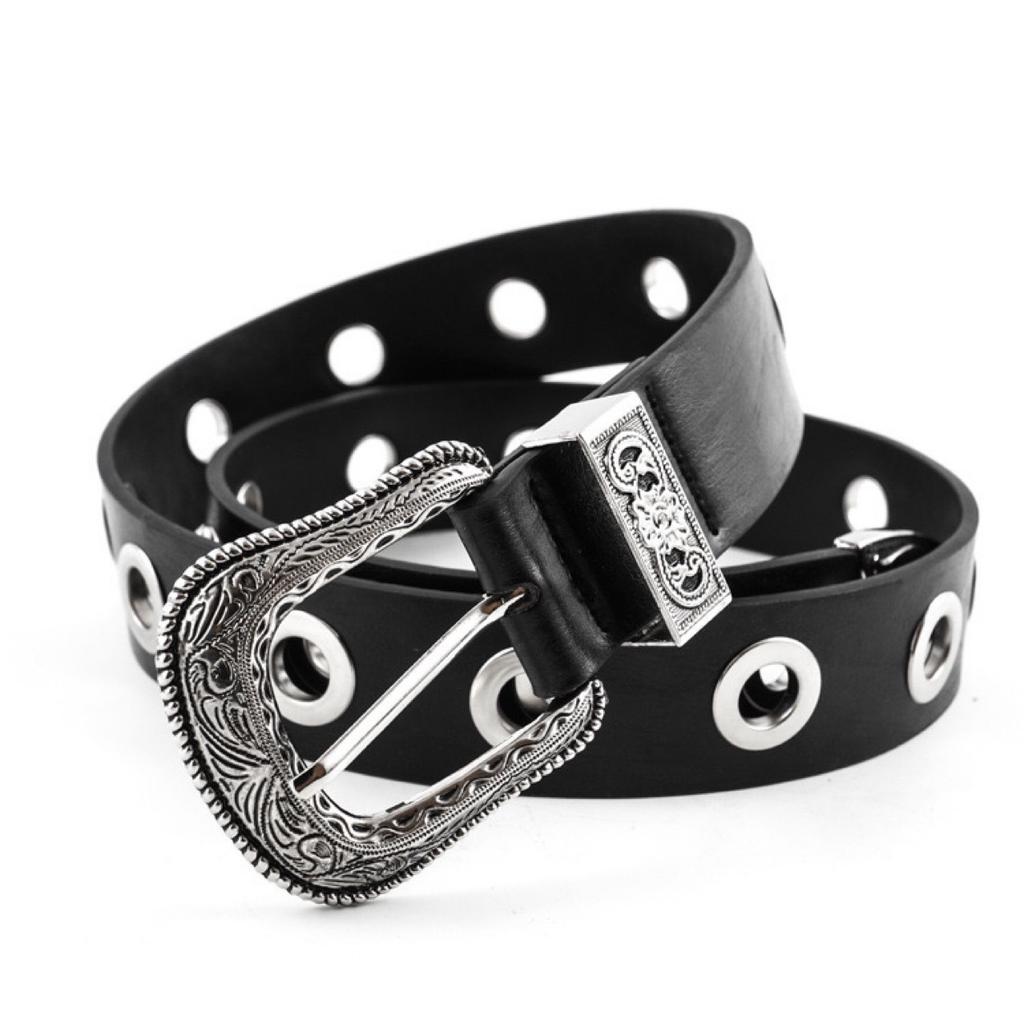 Vintage Engraved Belt Fashionable Silver Buckle Women's Pin Buckle Belt Women's Casual Pants Bandwidth Button Head
