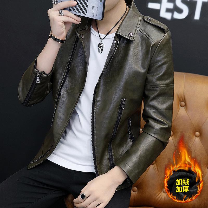Spring and Autumn New Style Leather Jacket Men's Trendy Brand Motorcycle Jacket Slim Korean Style Handsome Green Leather Jacket Men