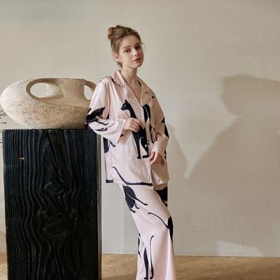 Damenpyjama-Set langärmlig, rosa bedruckt, Damen-Frühlings-Dünn-Hauskleidung