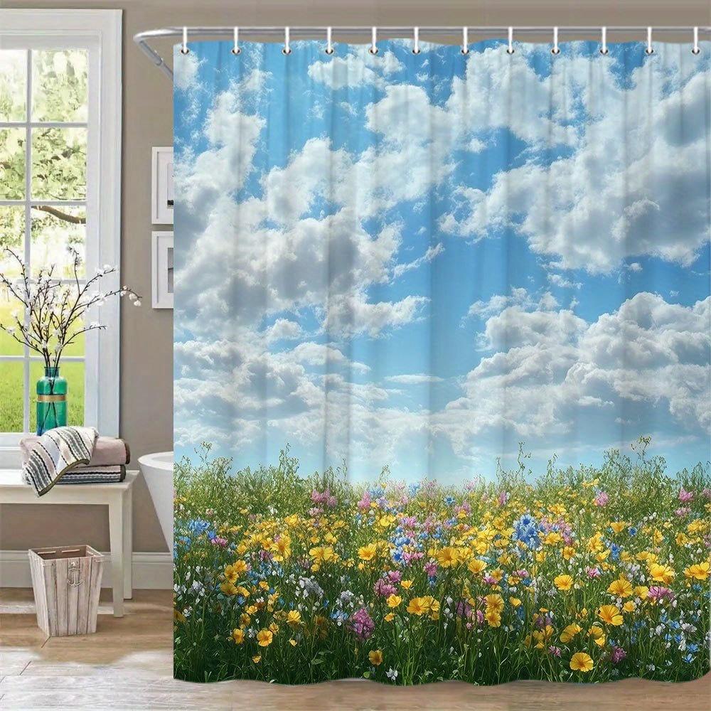 1Pc Extra Large Bath Curtain - Wildflower Meadow Shower Curtain With Vibrant Floral Landscape, Clear Blue Sky & Greenery - Machi