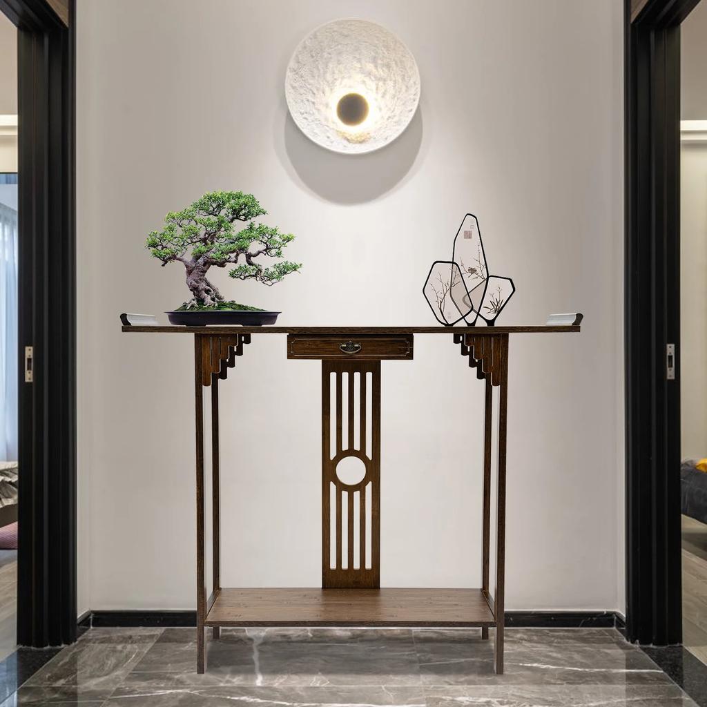 2-Layer Walnut Color Bamboo Entryway Table with Drawer & Storage Shelf, 800 Lbs Capacity Console Table for Living Room, Hallway