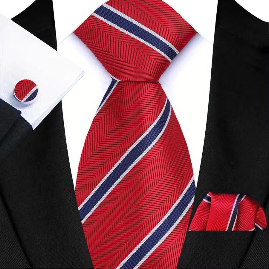 Red Striped Paisley Solid Floral Wedding 8CM Tie For Men Design Mens Necktie Hanky Cufflink Set For Daily Wear Business Party