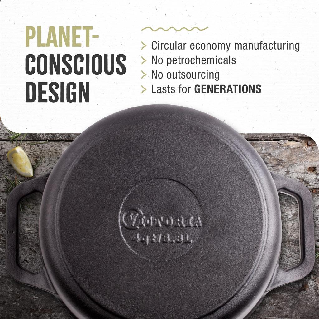 Japanese VICTORIA Dutch Oven Flaxseed Oil Seasoned Cast Iron with Lid [Genuine Product] (4QT)