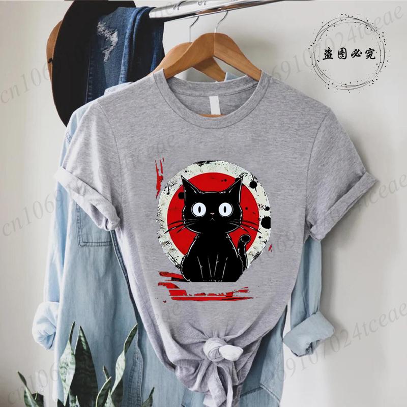 Kawaii Women Tees Cat Japanese Black Anime Cat T Shirt T-Shirt Kawaii Clothes Shirts for Women Tops Graphic T Shirts Camisetas