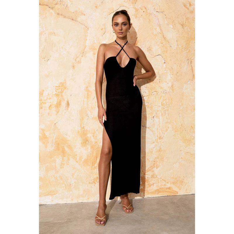 

Elegance Silm Cross Shoelace Slit Dress Beach Vacation Long Beach Dress Black S