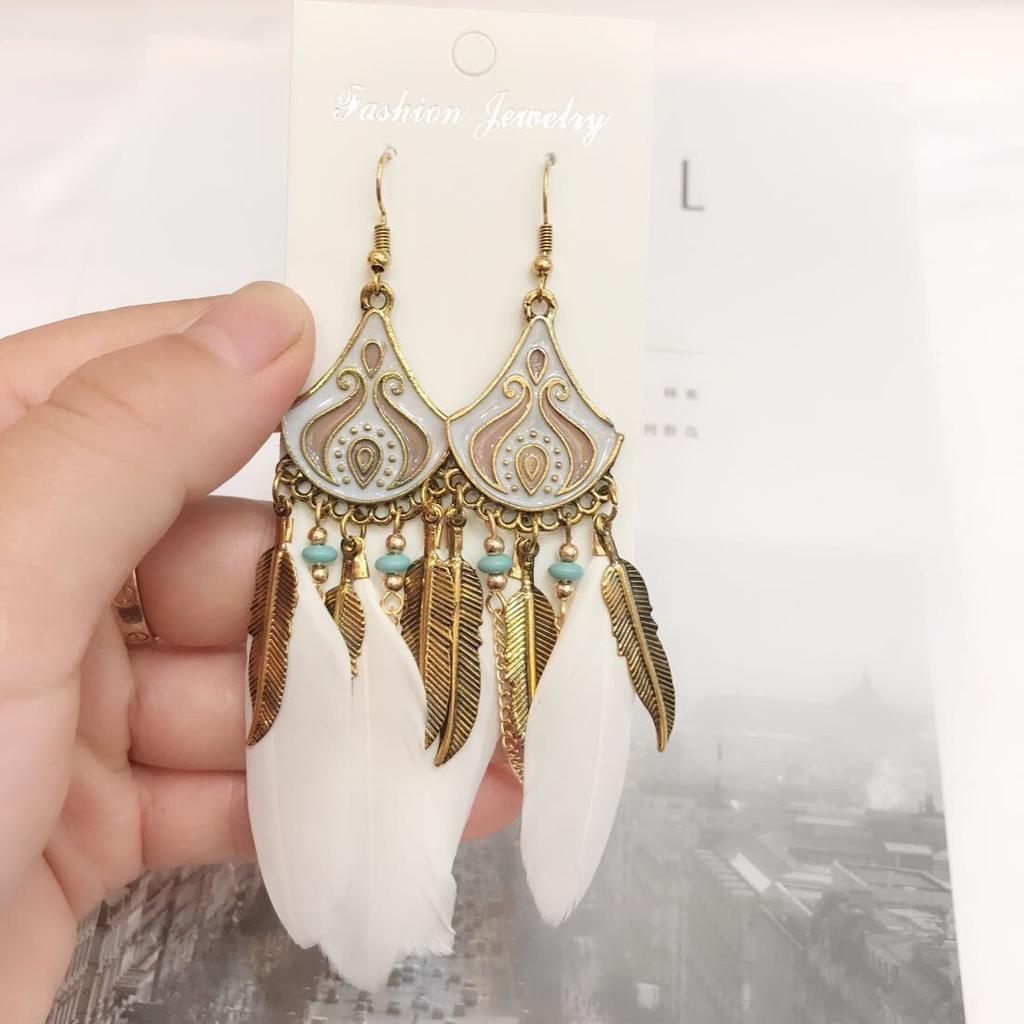 Vintage Bohemian Feather Tassel Earrings Exaggerated Ethnic Vacation Dangle Ear Jewelry Fashion Accessories For Women
