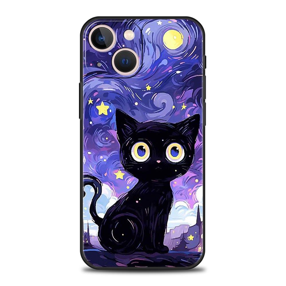 

Artistic Black Cat Starry Night Phone Case For iPhone 17 16E 15 16 14 13 12 11 Pro Max 7 8 Plus Soft TPU Back Cover iPhone 7 8 SE