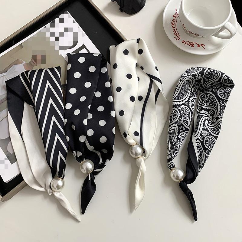Magnetic Buckle Silk Scarf Women's New Pearl Necklace Light Luxury High-end Fashion All-match Scarf Polka Dot Silk Scarf