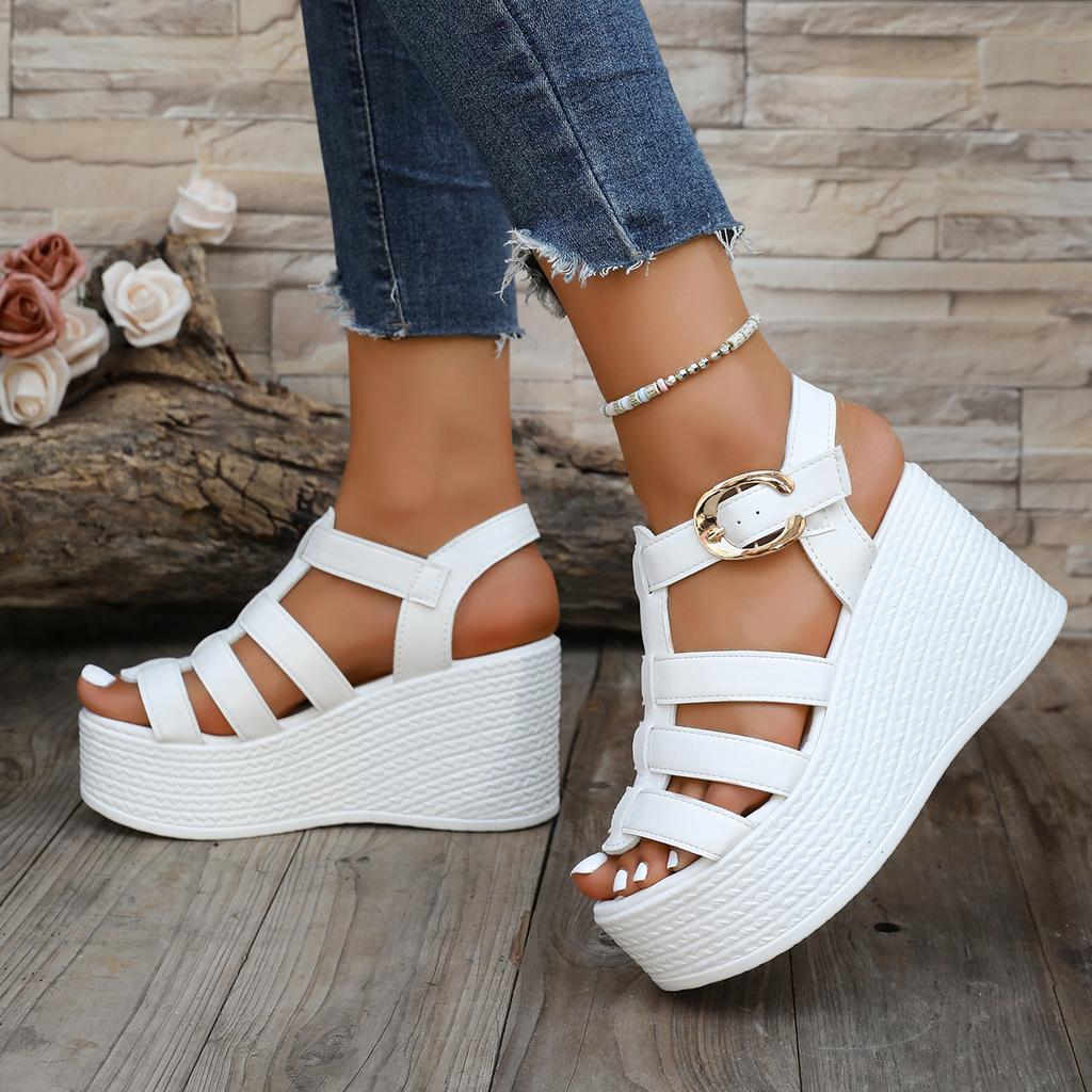 Fashion Wedge Heel Roman Sandals 2025 New Summer High Heel Thick-soled Women's Shoes Fashionable One-word Buckle Platform Sandals