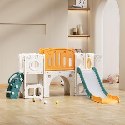 Cartoon Shape Freestanding Children Slide with Basketball Hoop Two Platforms 2 Floor Cabinet Subjects Ladder 6 In 1 Children Slide Combination Indoor