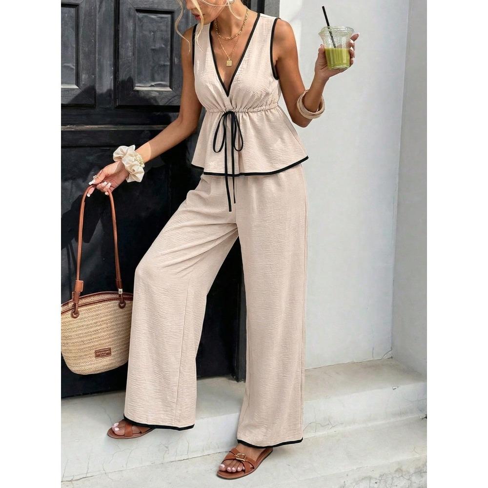 Ensemble 2 pièces élégant : Haut rayé sans manches à encolure en V et Pantalon large taille haute, Tenue décontractée d'été pour les vacances