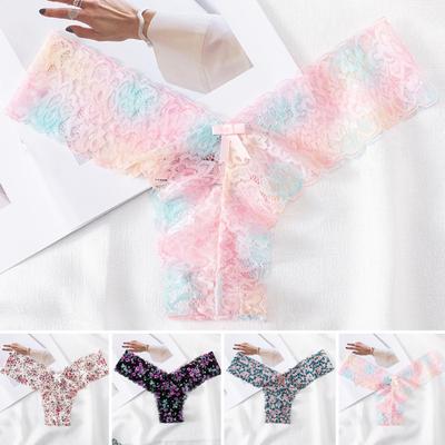 Women Panties Floral Lace Seamless Bow Decor Low Waist Thin Quick