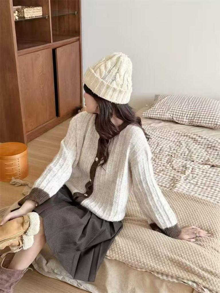 Autumn/Winter 2025 Color Block Knit Cardigan - Loose, Lazy French Style Retro Sweater