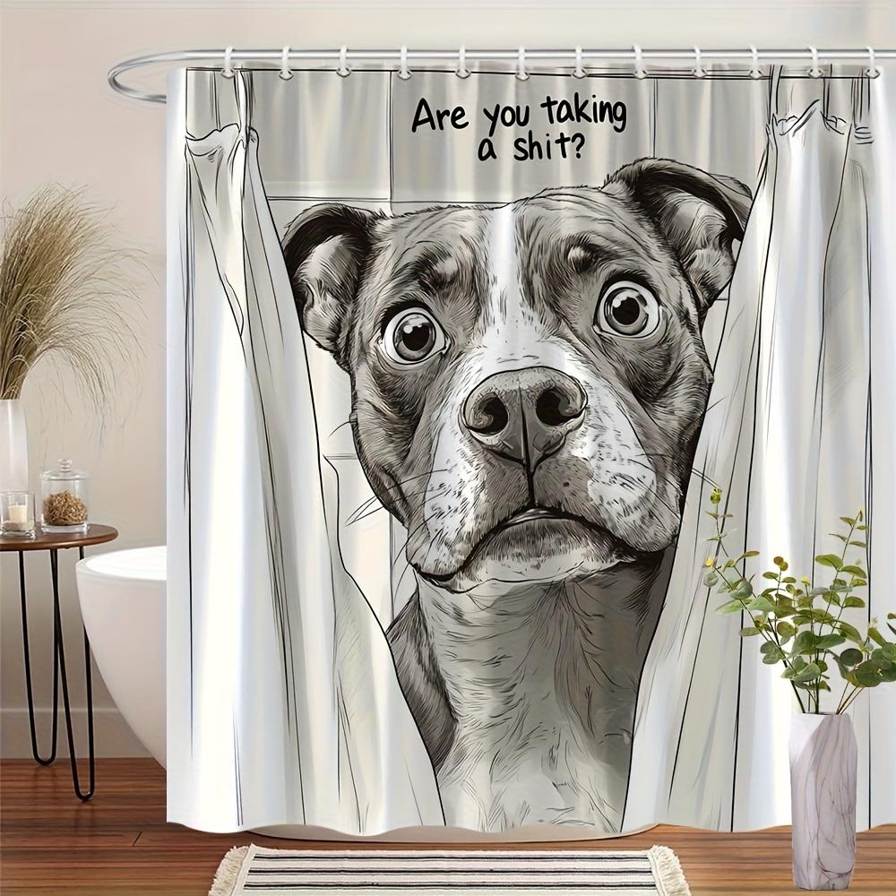 1pc  Pit Bull Shower Peeker  Bathroom Curtain - Grayscale Pit Bull with Wide Eyes, Humorous  Are You Pooping?  Text, Durable 90x180cm35x71in