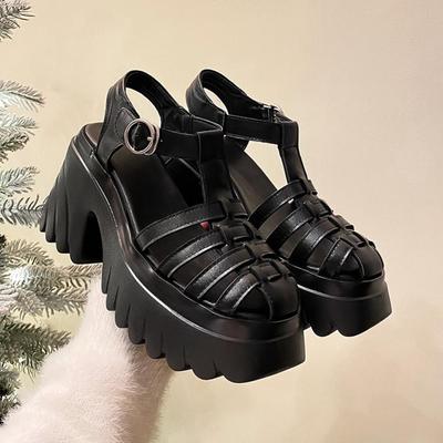 Cow Leather Round Toe Thick High Heels Spring Shoes Buckle Straps Casual Weaving Decorations Women Sandals