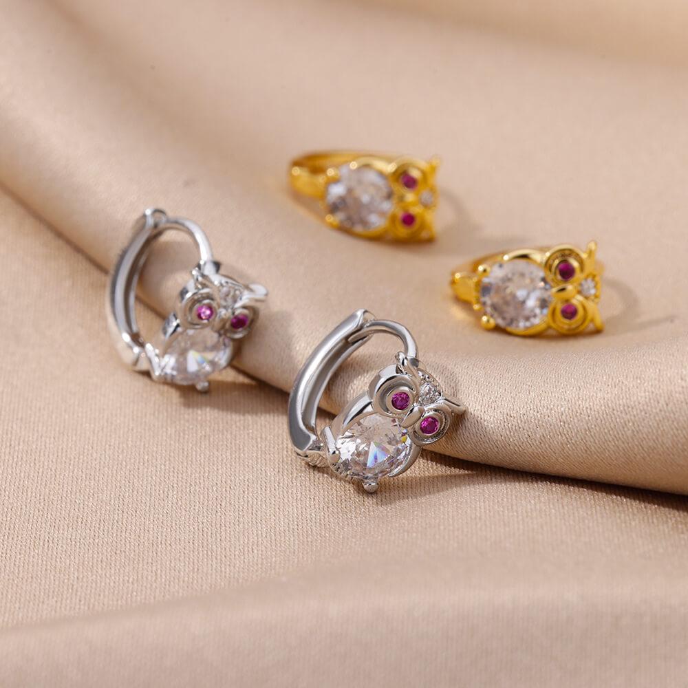 Kristall Eule Creolen Für Damen Rostfreier Stahl Tier Zirkonia Kaninchen Leopard Elefant Bär Ohrringe Süßer Schmuck Mädchen Geschenk